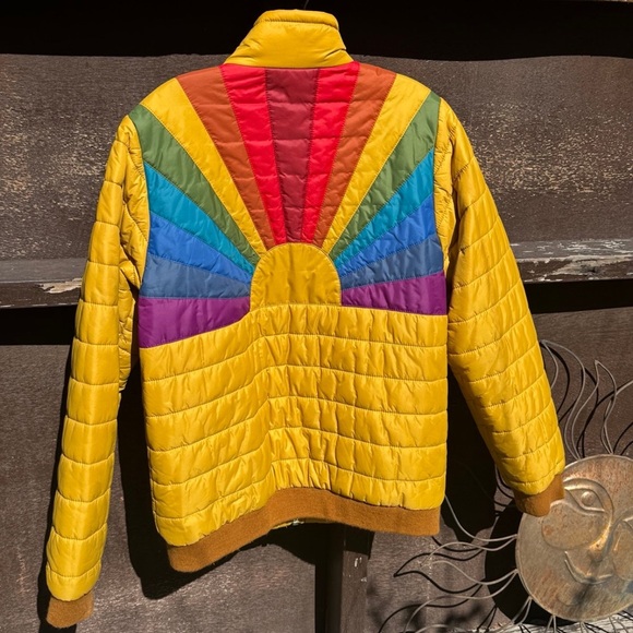 Aviator Nation Yellow Bomber Jacket with Rainbow Design